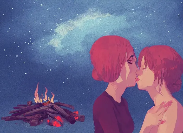 Prompt: two woman kiss next to a campfire, cozy, night sky, digital art, highly detailed face, beautiful face, portrait, by conrad roset, by wlop, anime style, octane render