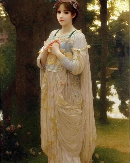 Prompt: beautiful anime style girl, she is standing in the middle of a palace, realistic painting, by Edgar Maxence and William-Adolphe Bouguereau