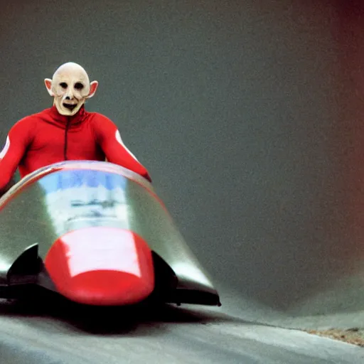 Prompt: portrait of nosferatu is doing bobsleigh alone, sport photography