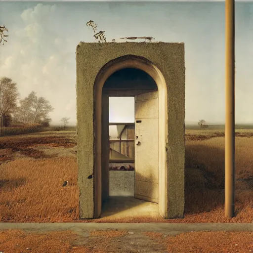 Image similar to hyperrealistic surrealism, david friedrich, award winning masterpiece with incredible details, zhang kechun, a surreal vaporwave painting of door leading to nowhere, mirrors everywhere, highly detailed