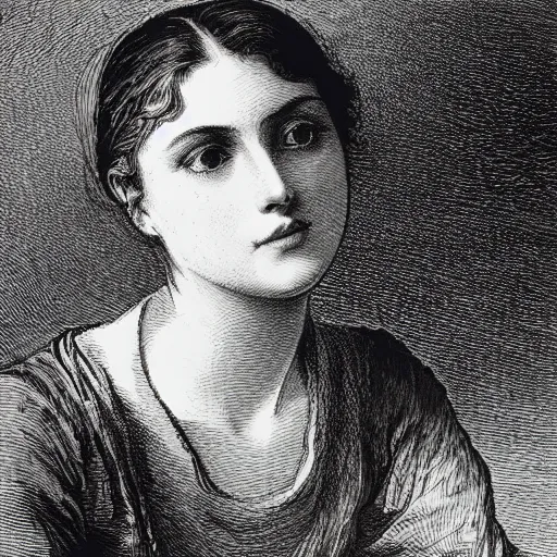 Image similar to extreme close-up, portrait of a young french woman talking at mobile phone, Gustave Dore lithography