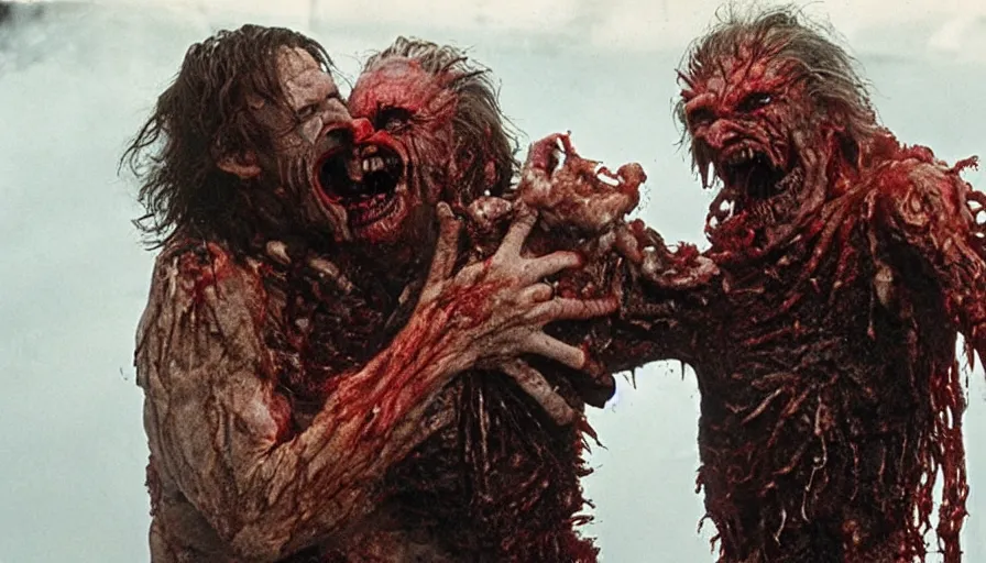 Image similar to a demonic vile disturbing disgusting horror visceral monster eating a man, from the thing, david cronenberg, tom savini, greg nicotero