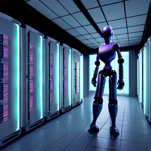 Image similar to hyperrealism stock photo of highly detailed stylish humanoid robot in sci - fi cyberpunk style by gragory crewdson and vincent di fate that working in the highly detailed data center by mike winkelmann and laurie greasley rendered in blender and octane render