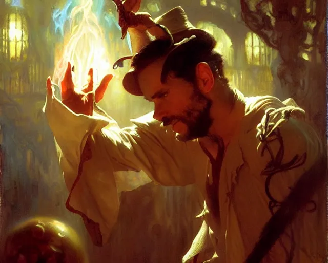 Image similar to attractive magician man, casting dark magic, summoning handsome demon. highly detailed painting by gaston bussiere, craig mullins, j. c. leyendecker 8 k