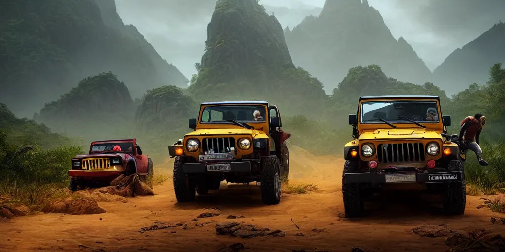 Image similar to Mahindra thar, furious chasing, action scene, an epic fantasy, dramatic lighting, cinematic, establishing shot, extremely high detail, photorealistic, cinematic lighting, matte painting, artstation, by simon stalenhag, Uncharted 4: A Thief's End