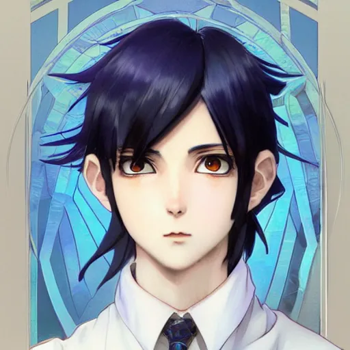 Image similar to small boy with black hair and blue purple eye, school uniform, anime style, hyper detailed, illustration, digital painting, art by artgerm and greg rutkowski and alphonse mucha, high delicate defined details, anime stylized, highly detailed, realistic, sharp focus, symmetrical face