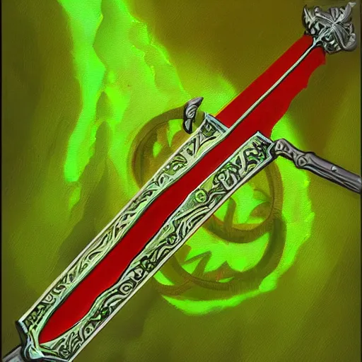 Image similar to Oil painting concept art of a magical acid sword glowing bright green, very intricate hilt, green color scheme, highly detailed concept art.