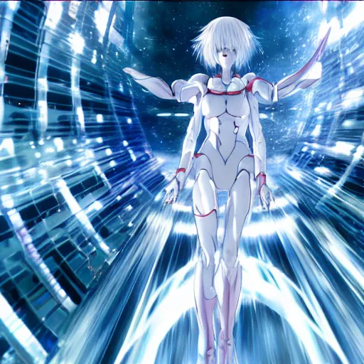 Image similar to !dream VFX SIMULATION, This is a digital art piece by Yoshiyuki Sadamoto that is trending on artstation. It is a 8K UHD image of Rei Ayanami, a female anime character, inside a space station with technological rings. She is shot from the ground by Yoshiyuki Sadamoto. The environment is a concept design and the art is hyper realistic with intricate details.