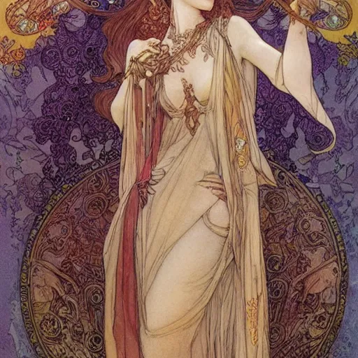 Image similar to beautiful ishtar goddess in long flowy dress, porcelain skin by rebecca guay and mucha