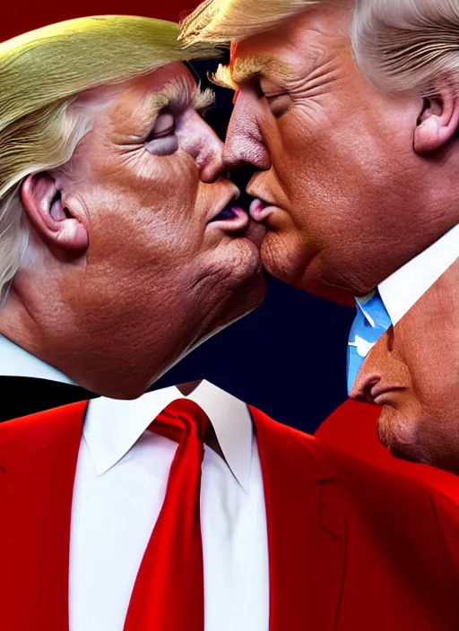 Prompt: beautiful high quality photo of donald trump kissing donald trump. hq. donald trump and donald trump kissing on the lips. two donald trumps kissing each other. donald trump kissing donald trump.