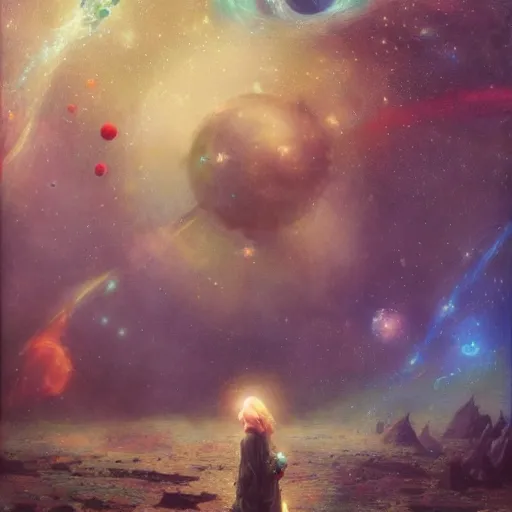 Image similar to a lonley and gloomy baby in middle of space surrounded by colorful stars planets and galaxies, high detail, by gaston bussiere, bayard wu, greg rutkowski, odd nerdrum, maxim verehin, dan dos santos, masterpiece, sharp focus, cinematic lightning