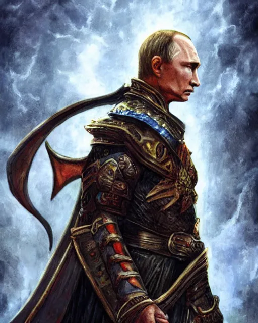 Image similar to Vladimir Putin, dressed as an evil Dungeon and Dragons wizard, on a Magic the Gathering card, high resolution photo,