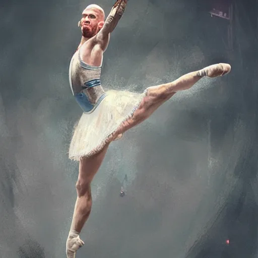 Image similar to connor mcgregor dressed as a ballerina dancing ballet inside the mma ring, highly detailed, digital painting, concept art, art by greg rutkowski, 4 k