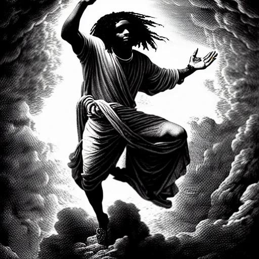 Prompt: cheef keef ascending into heaven holding double cup of lean, biblical image, style of gustave dore, highly detailed, beautiful, high contrast, black and white