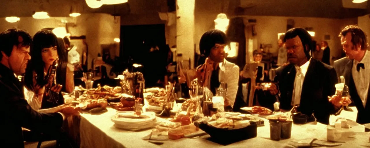 Prompt: behind the scenes photograph of pulp fiction dinner scene. 35mm film footage, movie frame. screnshot. Cinmatography. Hollywood. Real image. Cinematic lighting.