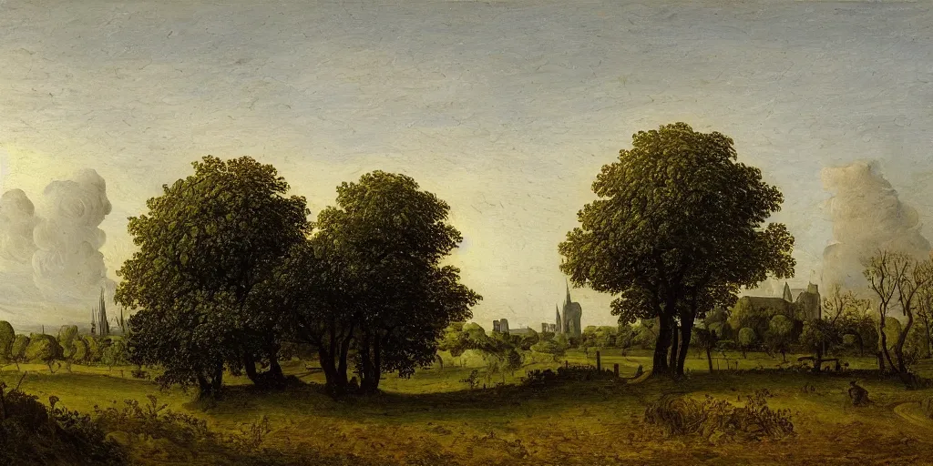 Image similar to a beautiful landscape painting of a giant tree next to a church in the fields, by jan van goyen, oil on canvas, highly detailed, hd, 4 k