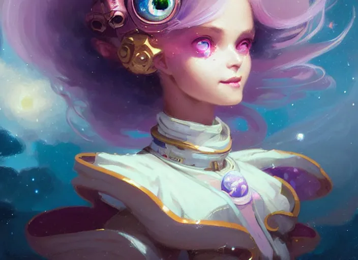 Image similar to close up picture of an maximalist dress magical girl, neat hair, smiling, extremely beautiful and aesthetic and detailed cute face and eyes, wipe out evils with cute astronaut familiar sprites, magical beam, chiaroscuro, intricate, masterpiece, fantasy illustrations by peter mohrbacher and anato finnstark and jeremy lipking