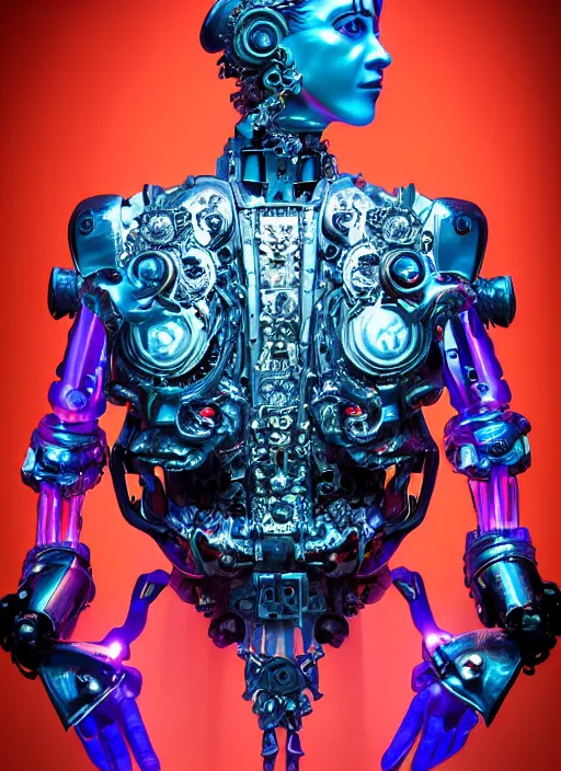 Image similar to baroque and cyberpunk style full-body sculpture of a young seductive Hispanic prince half android with a chest exposing a glowing ruby battery, glowing pink seductive laser eyes, crown of blue gears and diamonds, swirling salmon-colored silk fabric, robotic raptors dinosaurs. baroque elements. full-length view. intricate artwork by caravaggio. art by Artgerm and Greg Rutkowski and Alphonse Mucha, Trending on artstation, cinematic industrial lighting, photorealistic, octane render, 8k, depth of field, 3D