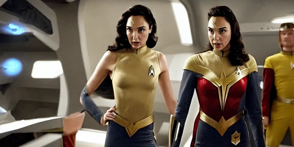 Image similar to Gal Gadot, in Starfleet uniform, in the role of Captain Kirk in a scene from the Trouble with Tribbles episode of Star Trek