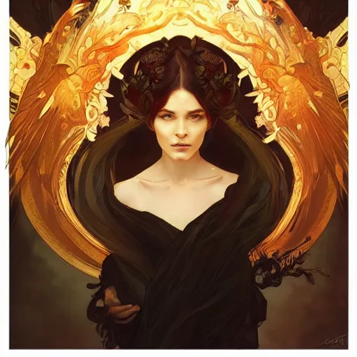 Prompt: A portrait of A beautiful!!!! angel in black flames by Ross Tran!! and alphonse mucha and greg rutkowski and gustav doré!!,In style of digital art illustration.Symmetry.Highly detailed face.Fantasy,smooth,hyper detailed,sharp focus,Soft light.trending on artstation.4k