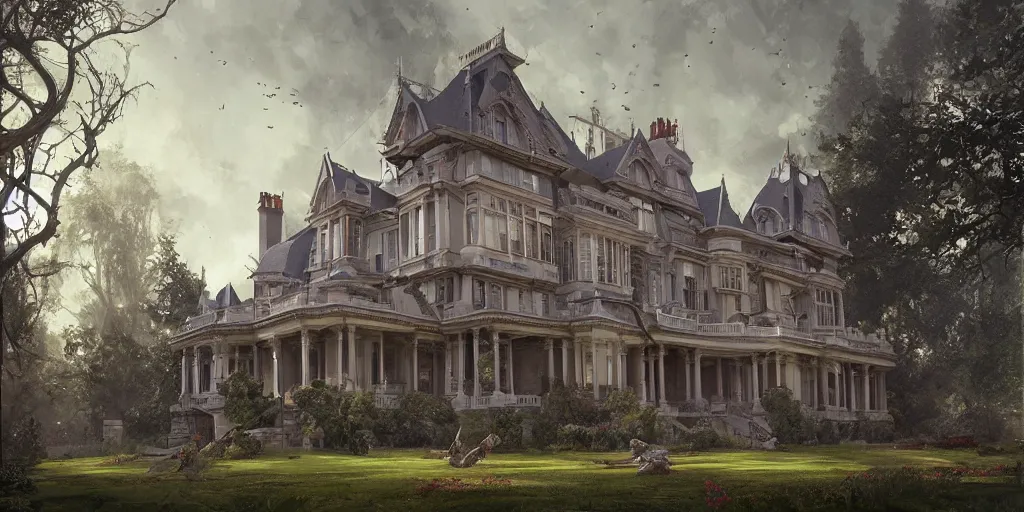 Image similar to a painting of a late Victorian mansion designed by Joseph Paxton, illustration by Mandy Jurgens and Małgorzata Kmiec and Dang My Linh and Lulu Chen and Alexis Franklin and Filip Hodas and Pascal Blanché and Bastien Lecouffe Deharme