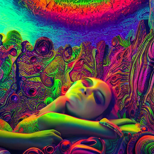 Image similar to photorealistic sleeping in a trippy psychedelic world. hyperdetailed photorealism, 1 0 8 megapixels, amazing depth, high resolution, 3 d shading, 3 d finalrender, 3 d cinematic lighting, glowing rich colors, psychedelic overtones, artstation concept art.