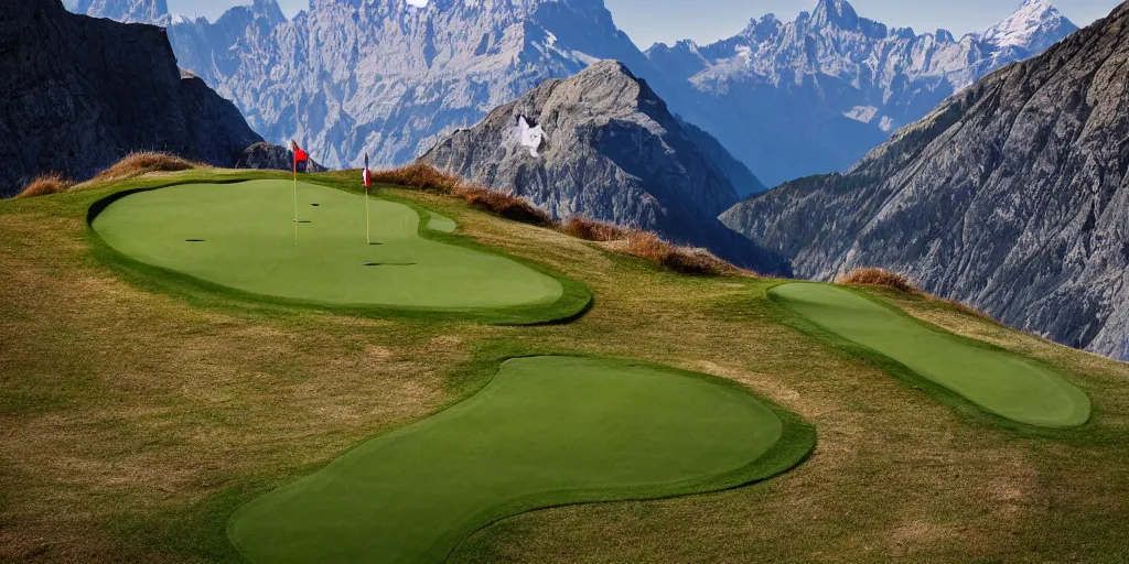 Image similar to a great photograph of the most amazing golf hole in the world, hangglider, perfect light, over a cliff, in the swiss alps, high above treeline, ambient light, 5 0 mm, golf digest, top 1 0 0, fog