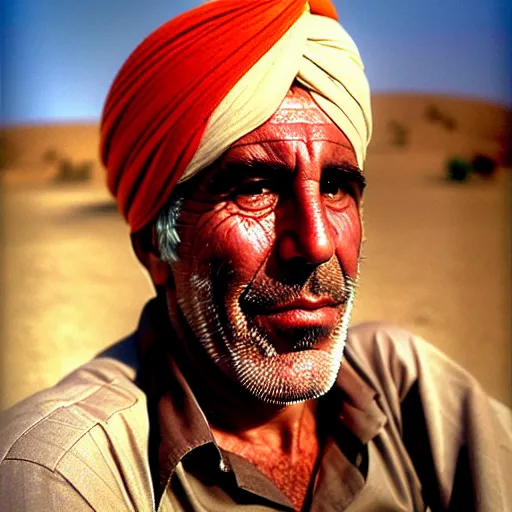 Prompt: portrait of jeffrey epstein as afghan man, green eyes and red turban looking intently, photograph by steve mccurry