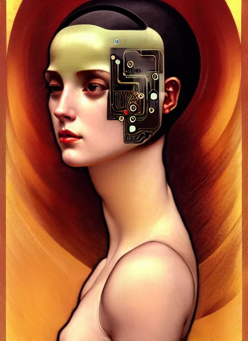 Image similar to portrait of a beautiful female android, coy, circuitry visible in head, in the style of ex machina, digital painting, karol bak, alphonse mucha, gil elvgren, award winning, hr giger, artstation, 8 k