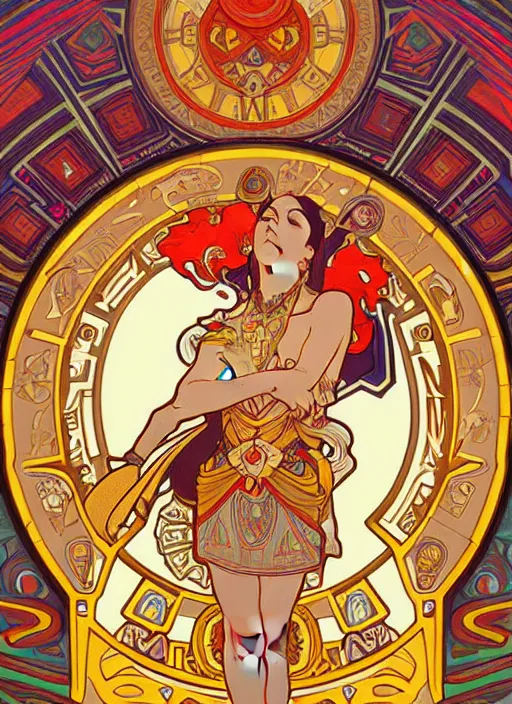 Image similar to wide angle shot inca calender stone carvings intricate elegant highly detailed centered digital painting artstation concept art, alphonse mucha, james jean