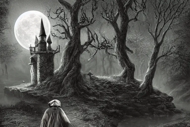 Prompt: a blind old wizard in a pointed hat walks through a dark forest, dark night, full moon, the wolf howls at the moon, old stone bridge over the creek, crows on the oak tree, highly detailed digital art, photorealistic