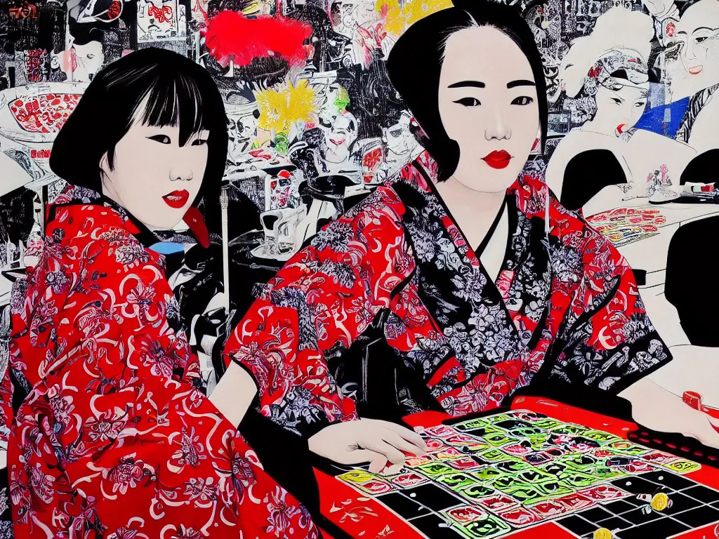 Image similar to hyperrealism composition of the detailed woman in a japanese kimono sitting at an extremely detailed poker table with darth vader, fireworks on the background, pop - art style, jacky tsai style, andy warhol style, acrylic on canvas