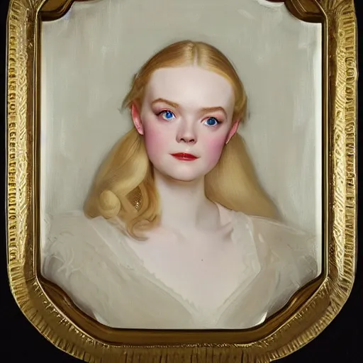 Image similar to Painting of Elle Fanning as a ghost, long blonde hair, delicate, pale milky white porcelain skin, by Leyendecker and Norman Rockwell