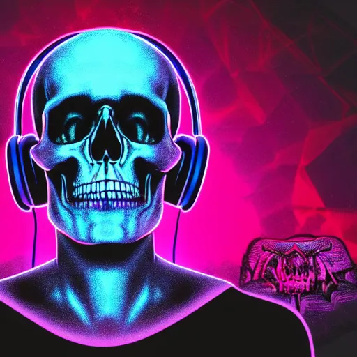 Image similar to human skull with headphones, retrowave, synthwave, psychedelic background with sacred geomerty elements in style of alex gray, digital art, artstation