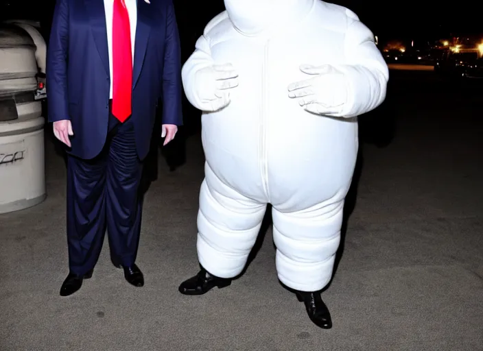 Image similar to donald trump dressed as the michelin man, flash photograph,