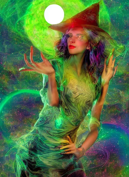 Prompt: beautiful witch in front of the full big moon, visionary painting, psychedelic vibrant colors, green emerald smoke outline, + gi, backlit, global illumination, physically based rendering, cinematic lighting, Hyperspectral Imaging, vintage, cinecolor, megapixel, super-resolution, 48k, ray tracing reflections, diffraction grading, lumen reflections, ray tracing ambient occlusion, de-noise, sfx, detailed and intricate, ultra defined texture detail, naturally life-like, octane render