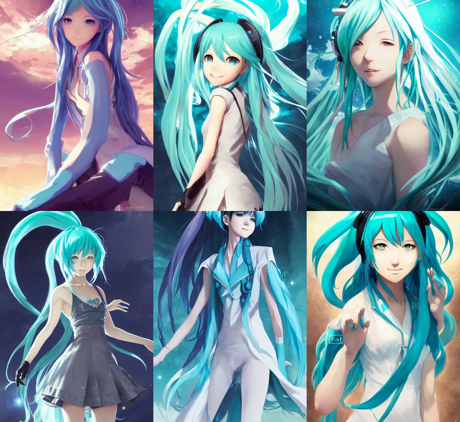 Prompt: hatsune miku at the creation of the Earth, character design by charlie bowater, ross tran, artgerm, and makoto shinkai, detailed, inked, western comic book art