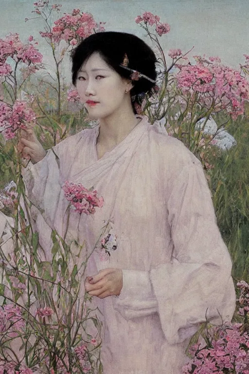 Prompt: close - up fashion asian woman portrait airy flowers sacura cloudy sky art by vasnetsov