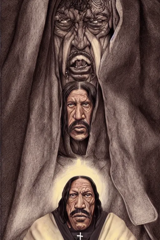 Image similar to portrait of Danny Trejo as church nun, highly detailed, artstation, manga illustration by Kentaro Miura berserk