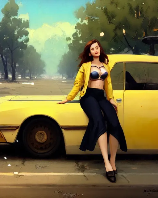 Prompt: a beautiful girl with jacket and bra sitting near the old yellow car | | realistic shaded, unpleasant face, bad looking, fine details, realistic shaded lighting poster by greg rutkowski, magali villeneuve, artgerm, jeremy lipkin and michael garmash and rob rey