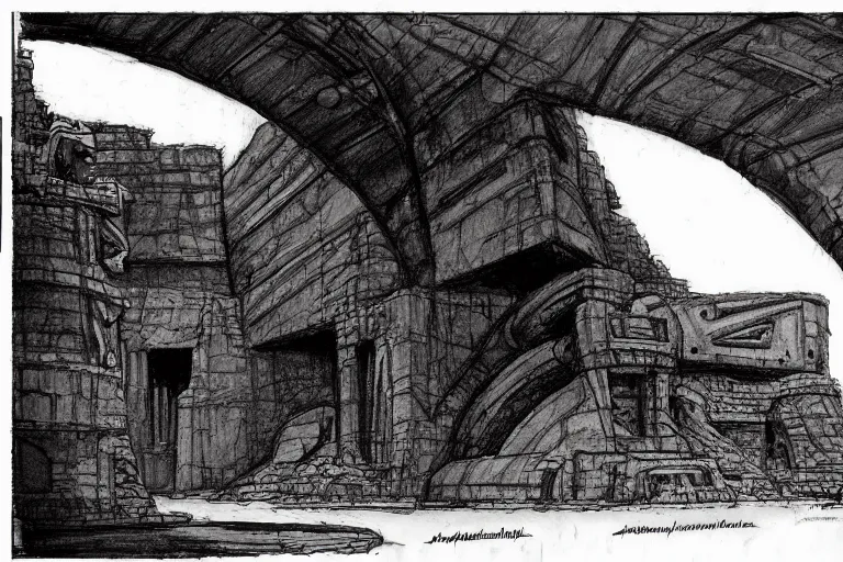 Image similar to ancient martian ruin concept sketch by joe johnston and nilo rodis - jamero and ralph mcquarrie and norman reynolds