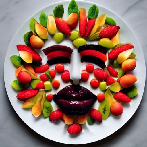 Image similar to beautiful photo a face made of fruit pieces, on a white plate, dslr