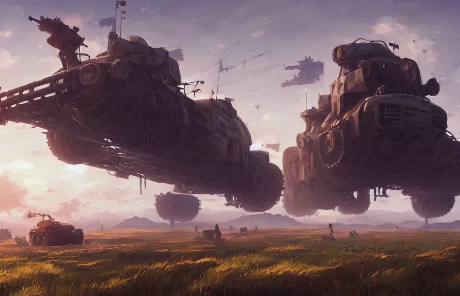 Image similar to concept art of an open field with ruined dieselpunk orcish tanks in the background, key visual, ambient lighting, highly detailed, digital painting, artstation, concept art, sharp focus, by makoto shinkai and akihiko yoshida and hidari and wlop
