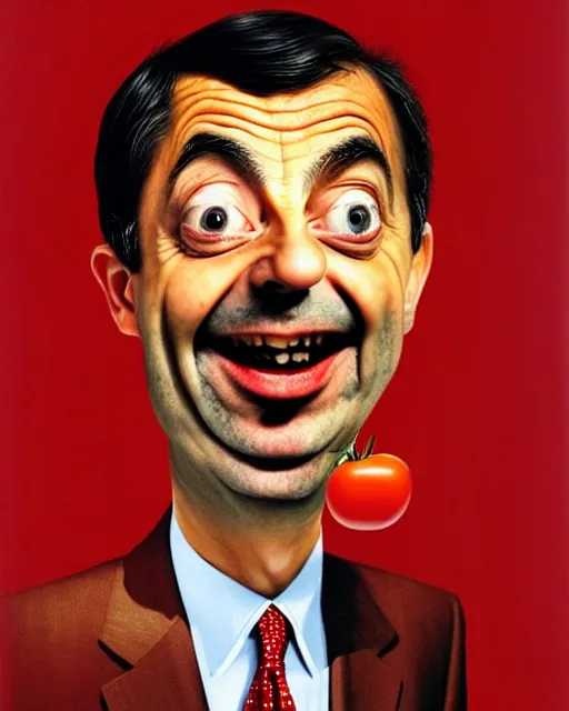 Prompt: portrait of mr bean smiling in a bowl full of baked beans, face fully covered in beans and tomato sauce, soft red skin, baked beans for eyes, rowan atkinson, mr bean face, oil painting, highly detailed