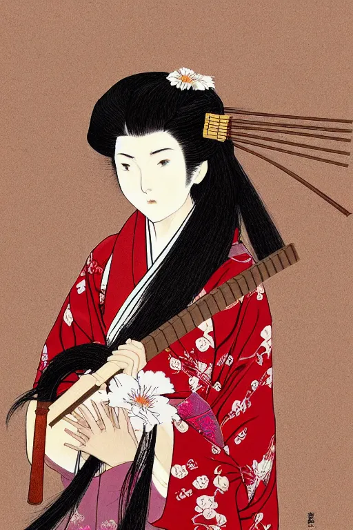 Image similar to portrait of a long haired woman wearing a red kimono playing a biwa in traditional japanese house, feudal japan, delicate, detailed long black hair, detailed flower pattern kimono, elegant, anime key visual, fukaya yuichiro