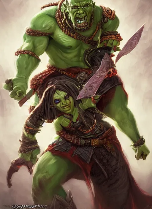 Prompt: female orc, ultra detailed fantasy, dndbeyond, bright, colourful, realistic, dnd character portrait, full body, pathfinder, pinterest, art by ralph horsley, dnd, rpg, lotr game design fanart by concept art, behance hd, artstation, deviantart, hdr render in unreal engine 5