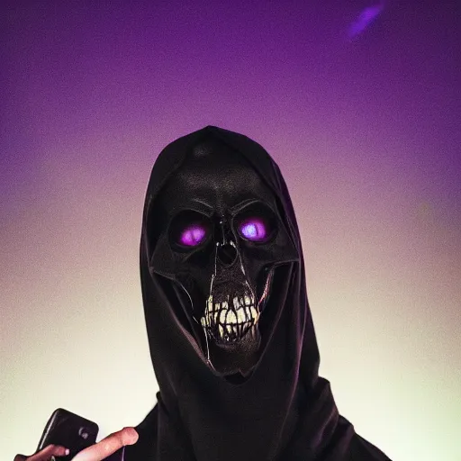 Prompt: dramatic cinematic scene of the Grim Reaper taking a selfie, mucha, colorful, purple, black, highly rendered, beautiful, cyberpunk, very highly detailed, symmetrical, archillect, moody lighting, glowing light and shadow, atmospheric, studio lighting, 8K