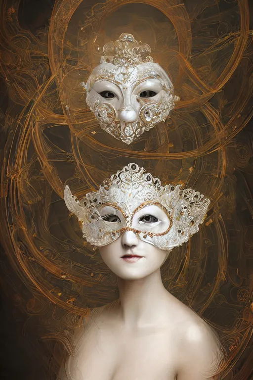 Prompt: highly detailed digital painting of a woman wearing venetian woman mask, sculpted in white opalescent marble, by wlop, with lots of thin ornaments, disolving with a luminous background, curves and chaotic fractal art inlays, intricate, 8 k, white box, cinematic light, high aperture, background atmospheric effects, larger view