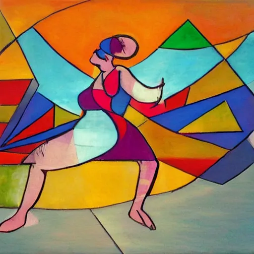 Image similar to beautiful sunset, fat woman dancing, cubism, muted colors, texture