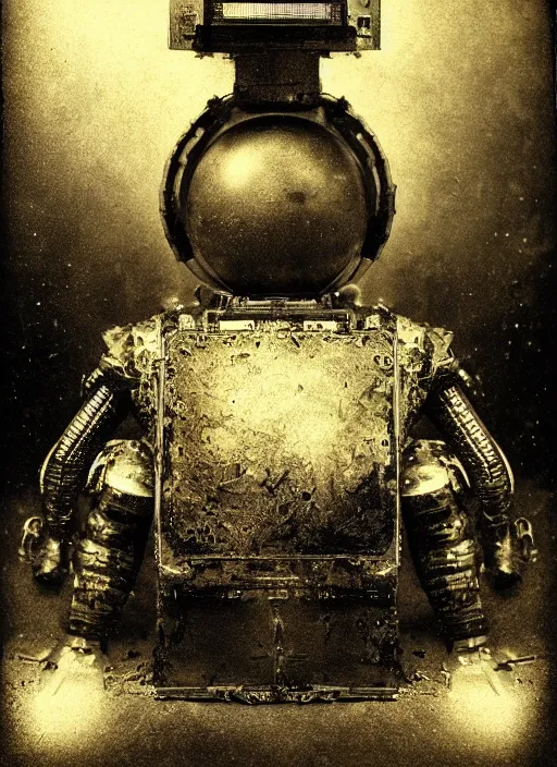 Image similar to old wetplate daguerreotype portrait of futuristic robot, explosion of data fragments, fractal, intricate, elegant, highly detailed, parallax, leica, medium format, subsurface scattering, by jheronimus bosch and greg rutkowski and louis jacques mande daguerre